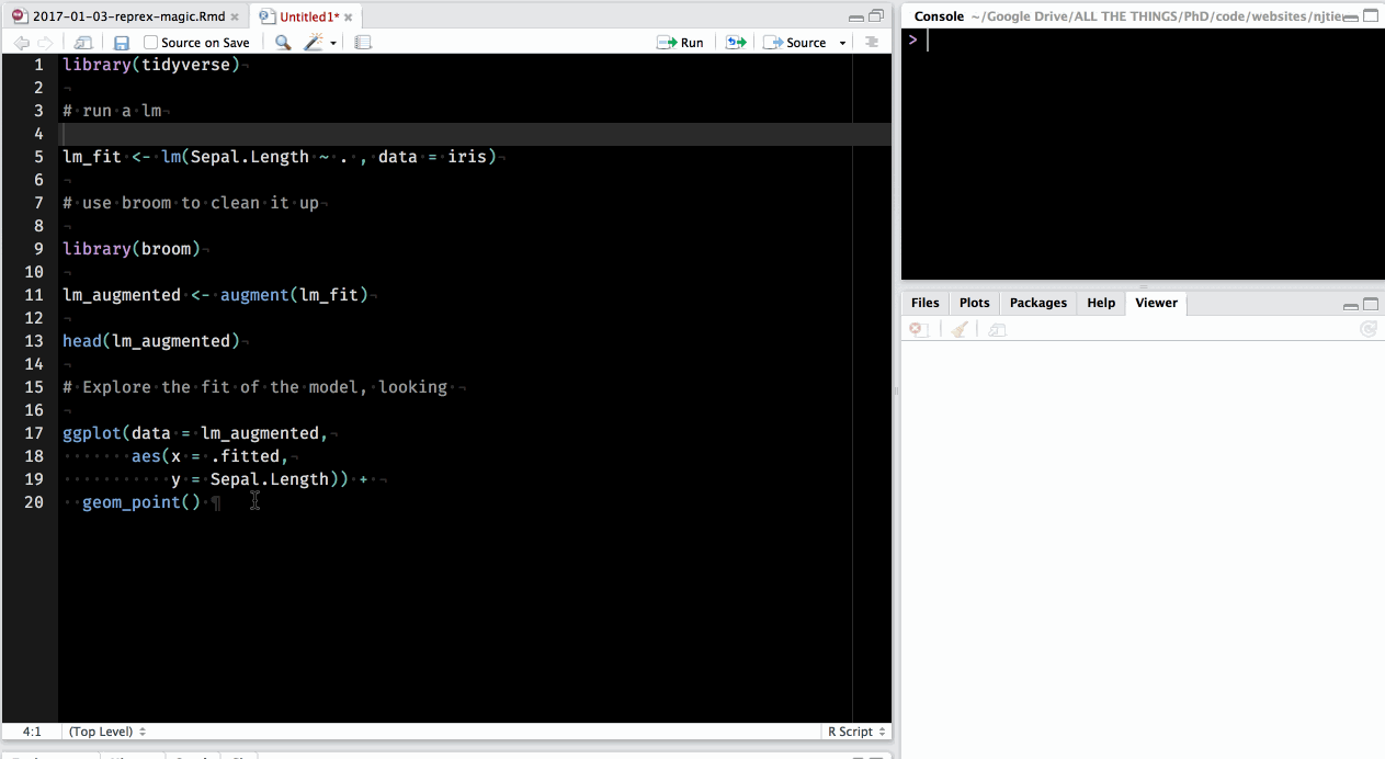 Gif of reprex copying code, running reprex, and demonstrating the html preview of the code text