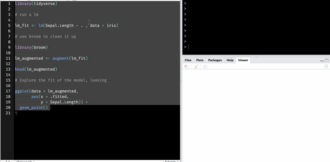 Gif of reprex copying code, running reprex, showing option SI = TRUE